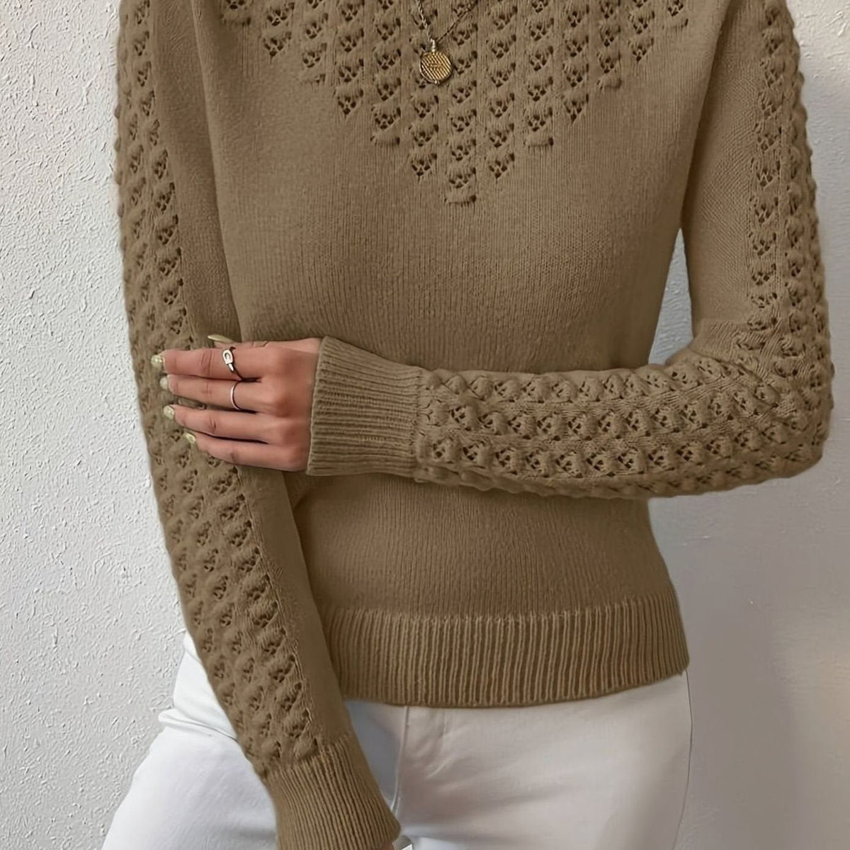 Pull Femme Maille Pointelle Col Rond Manches Longues