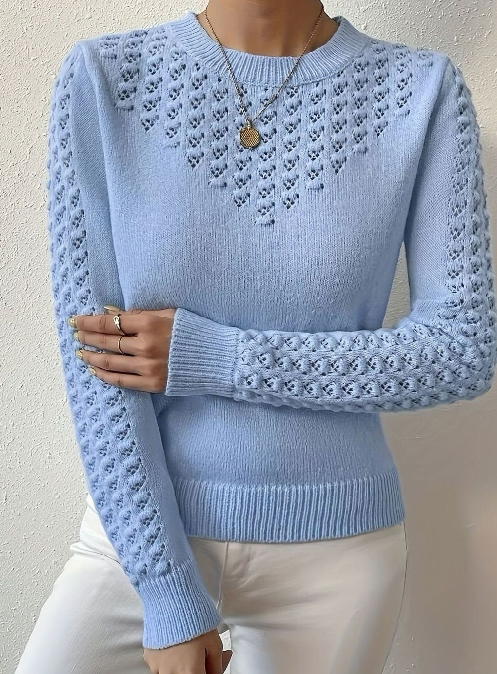 Pull Femme Maille Pointelle Col Rond Manches Longues