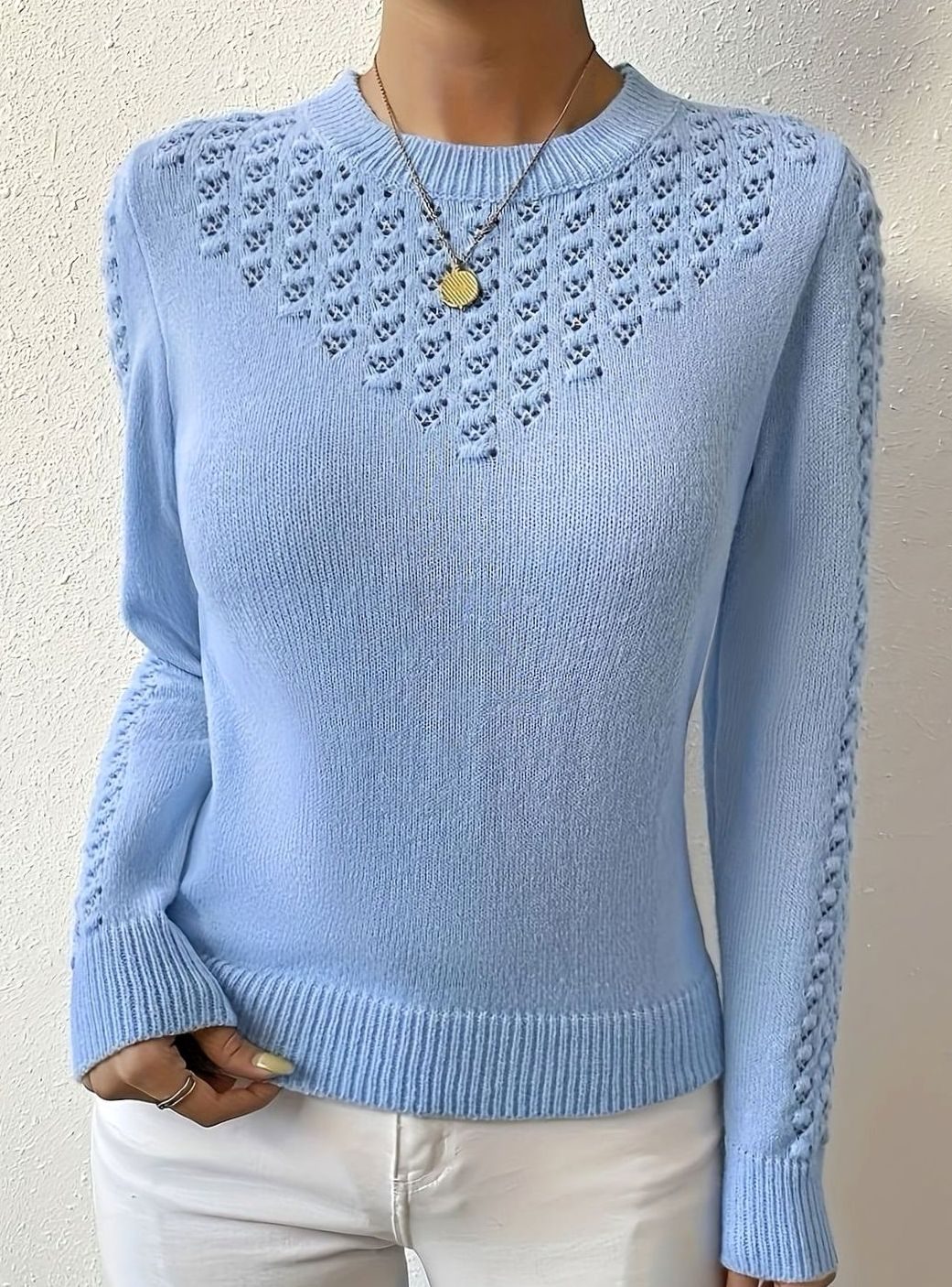 Pull Femme Maille Pointelle Col Rond Manches Longues