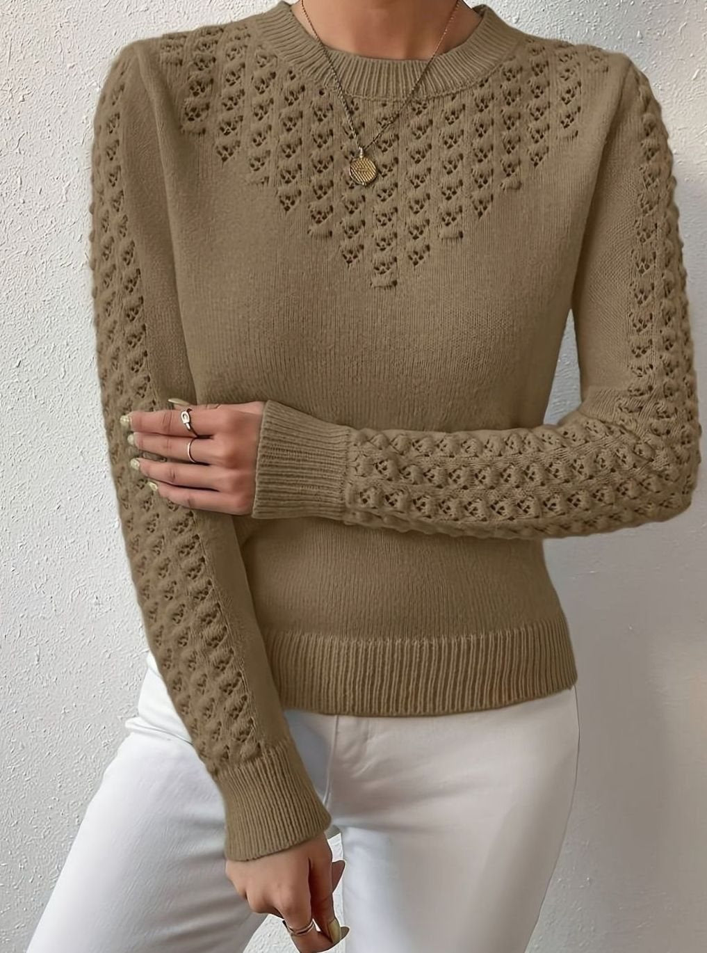 Pull Femme Maille Pointelle Col Rond Manches Longues