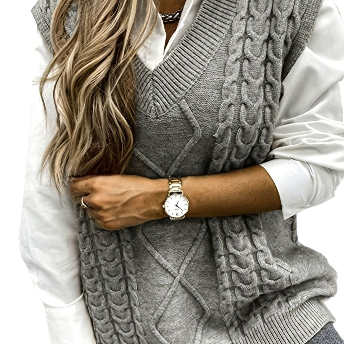Pull Sans Manches Femme en Maille Torsadée Col en V