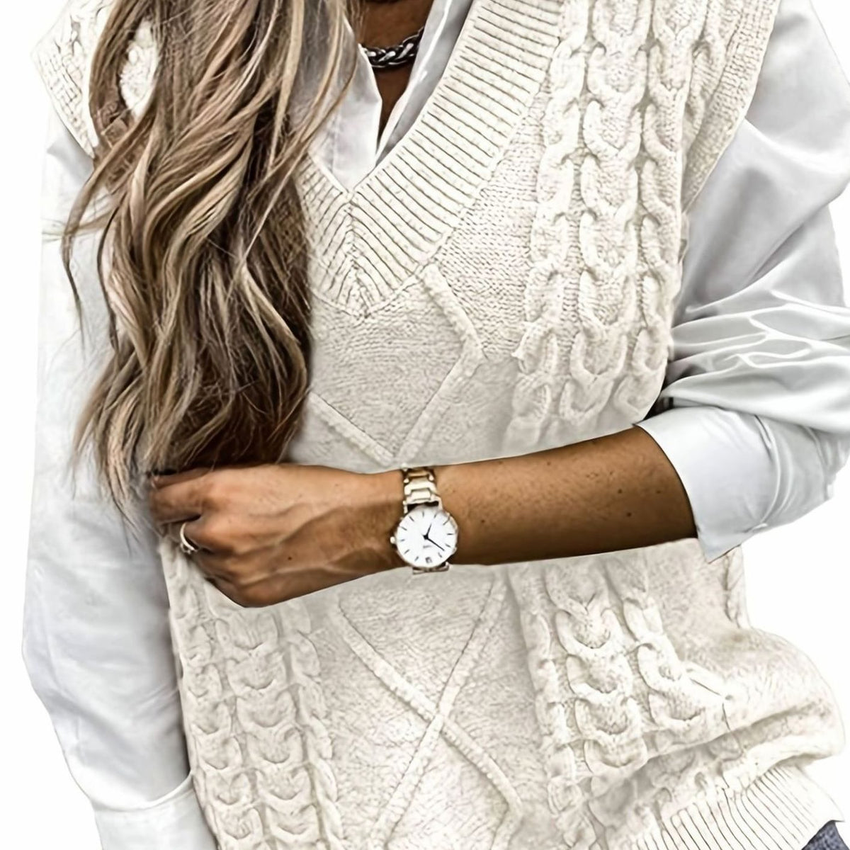 Pull Sans Manches Femme en Maille Torsadée Col en V
