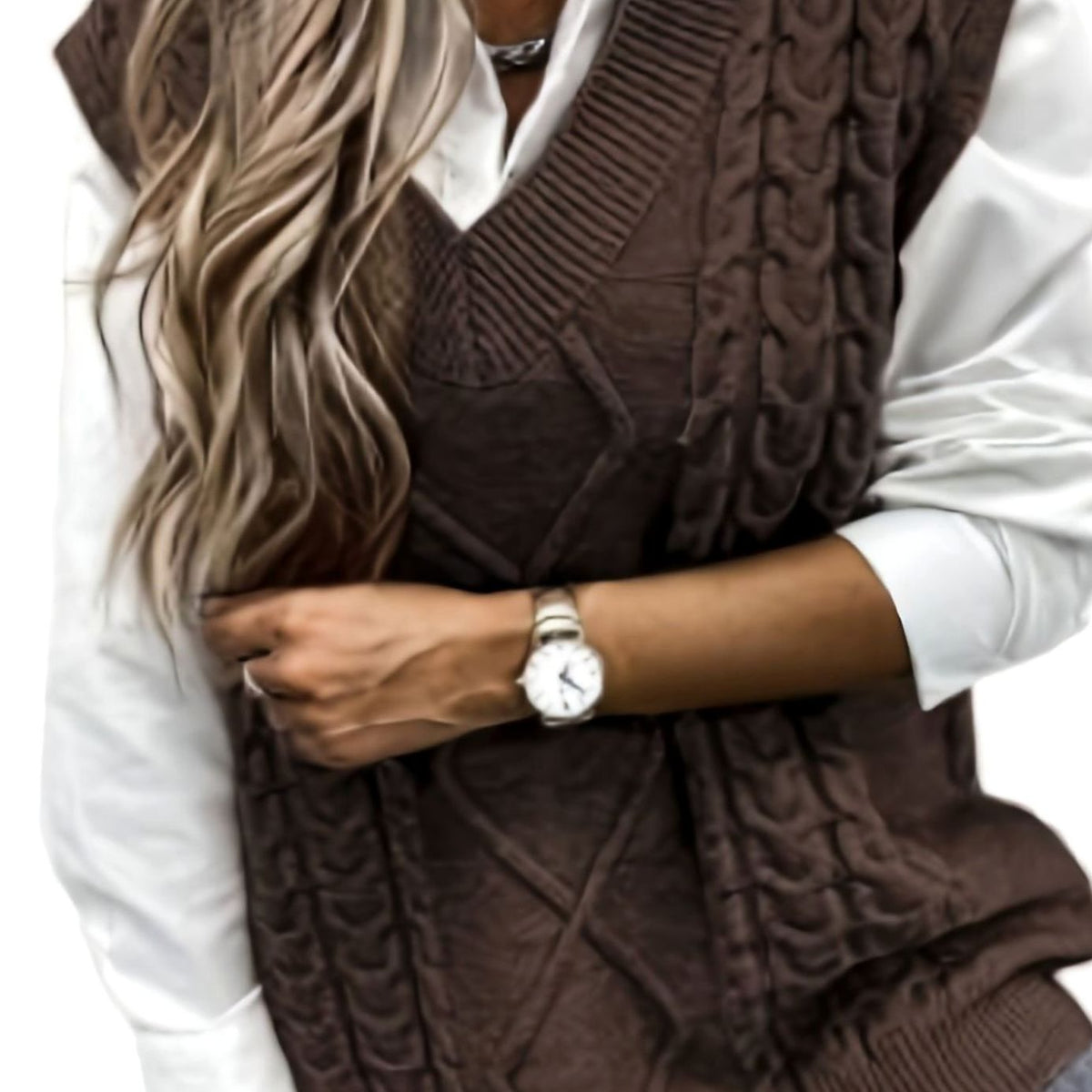 Pull Sans Manches Femme en Maille Torsadée Col en V