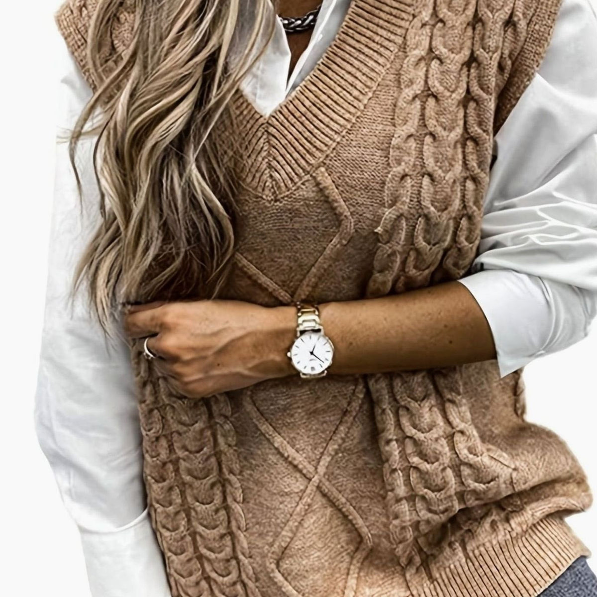 Pull Sans Manches Femme en Maille Torsadée Col en V