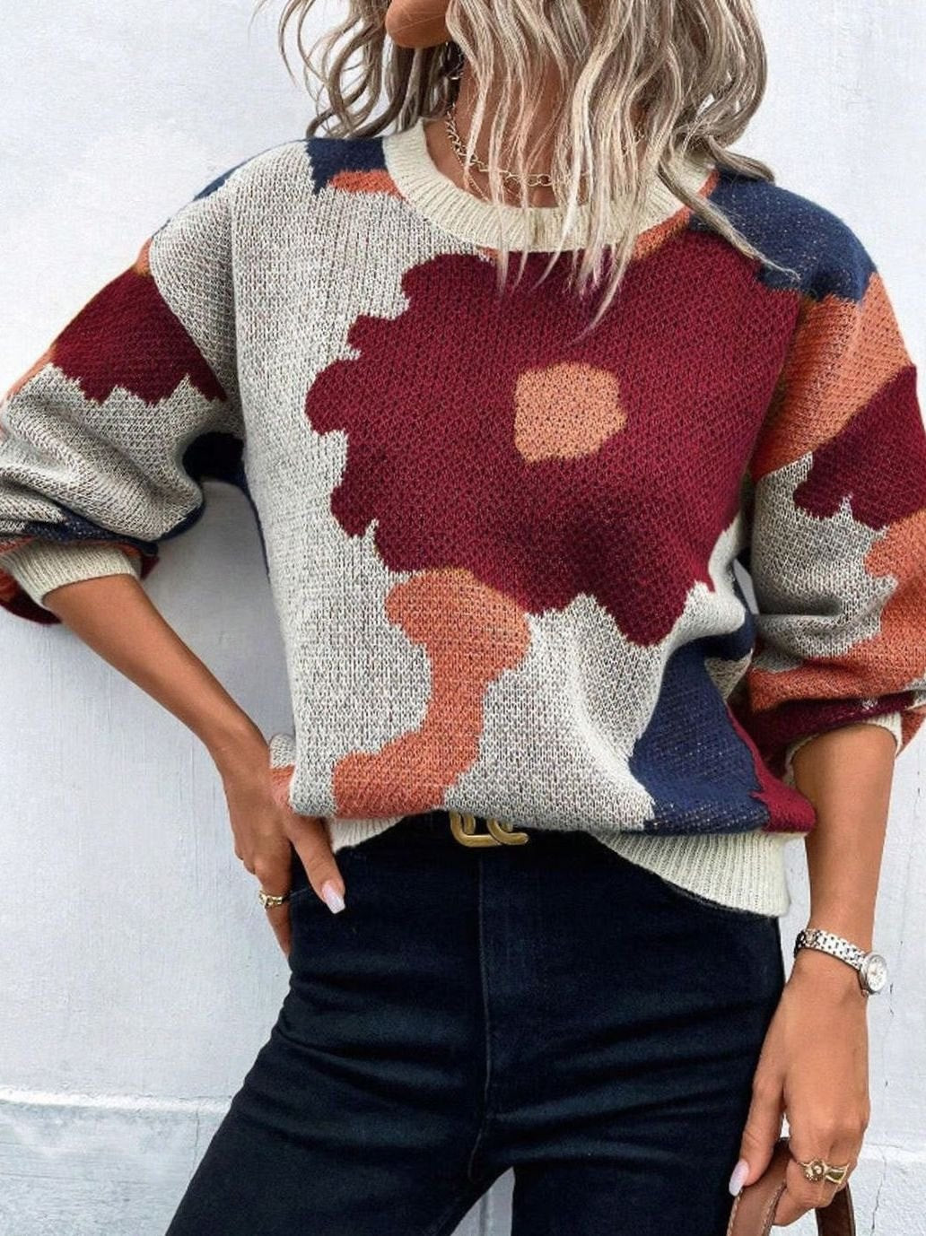 Pull Femme Fleuri en Maille Jacquard, Coupe Ample et Confortable