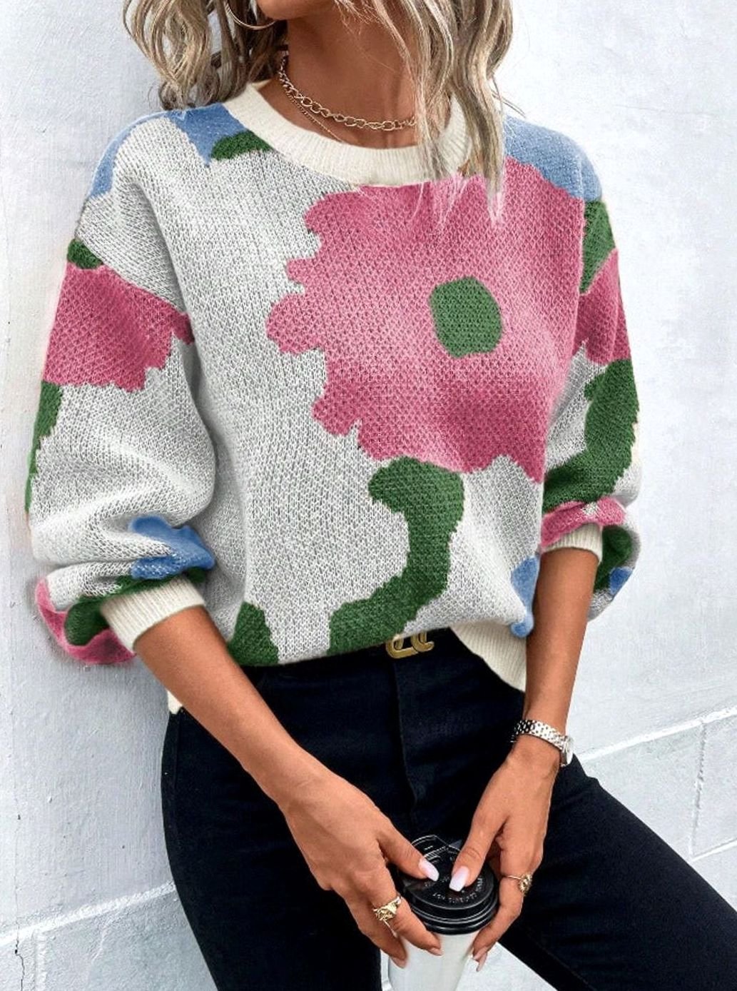 Pull Femme Fleuri en Maille Jacquard, Coupe Ample et Confortable