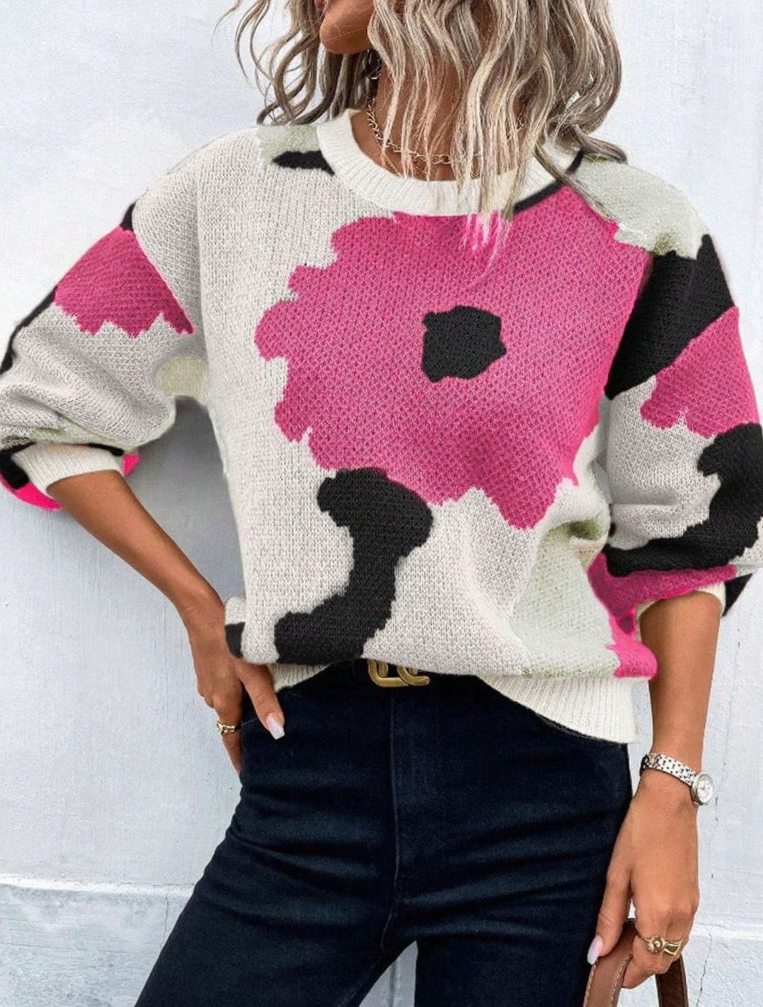 Pull Femme Fleuri en Maille Jacquard, Coupe Ample et Confortable