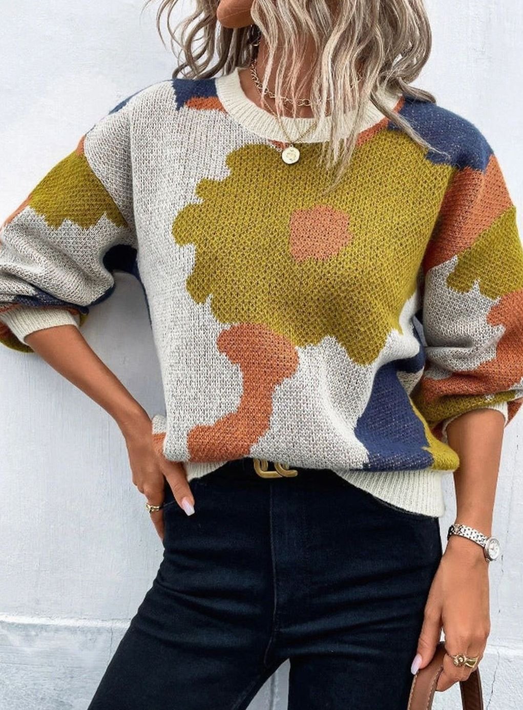 Pull Femme Fleuri en Maille Jacquard, Coupe Ample et Confortable