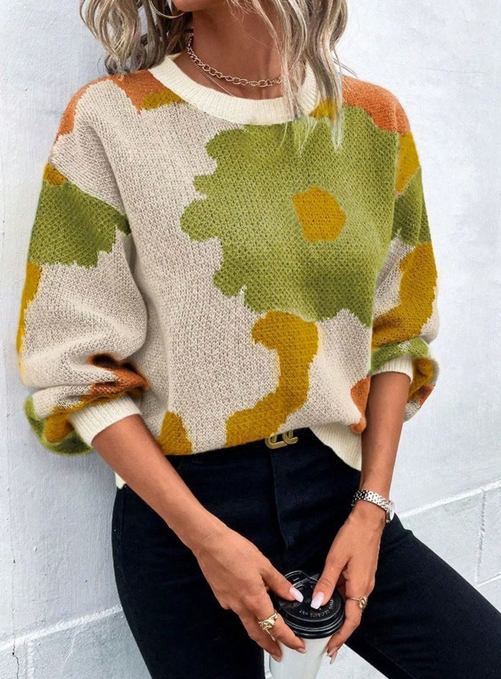 Pull Femme Fleuri en Maille Jacquard, Coupe Ample et Confortable