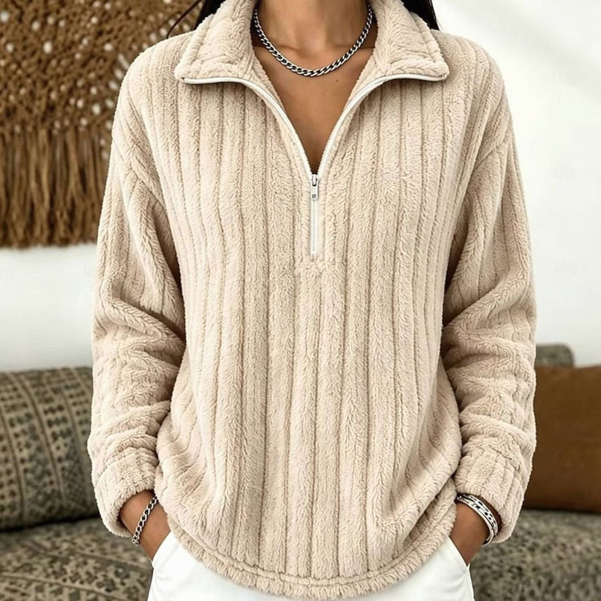 Pull Femme Col Zippé en Molleton Côtelé Extra Doux