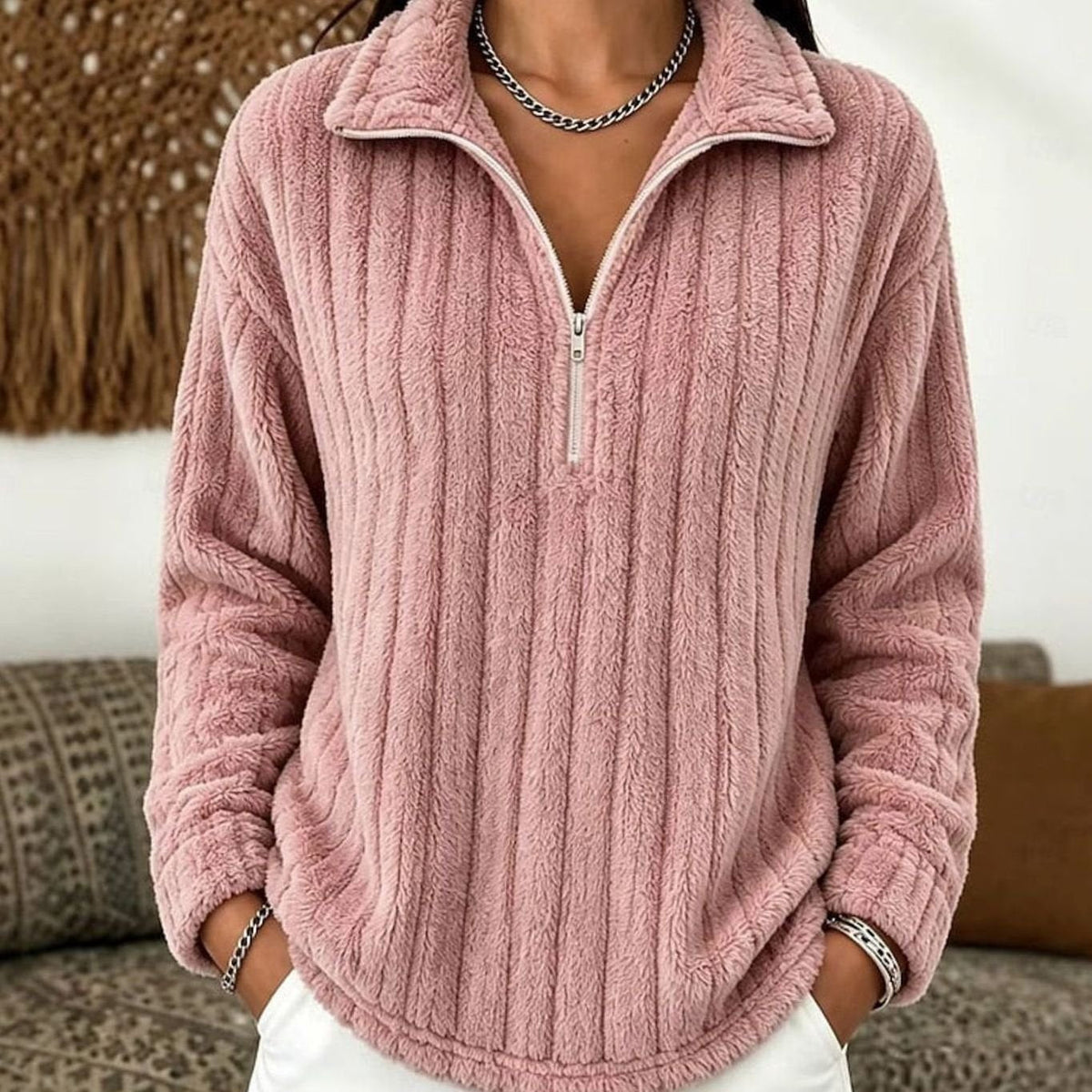 Pull Femme Col Zippé en Molleton Côtelé Extra Doux