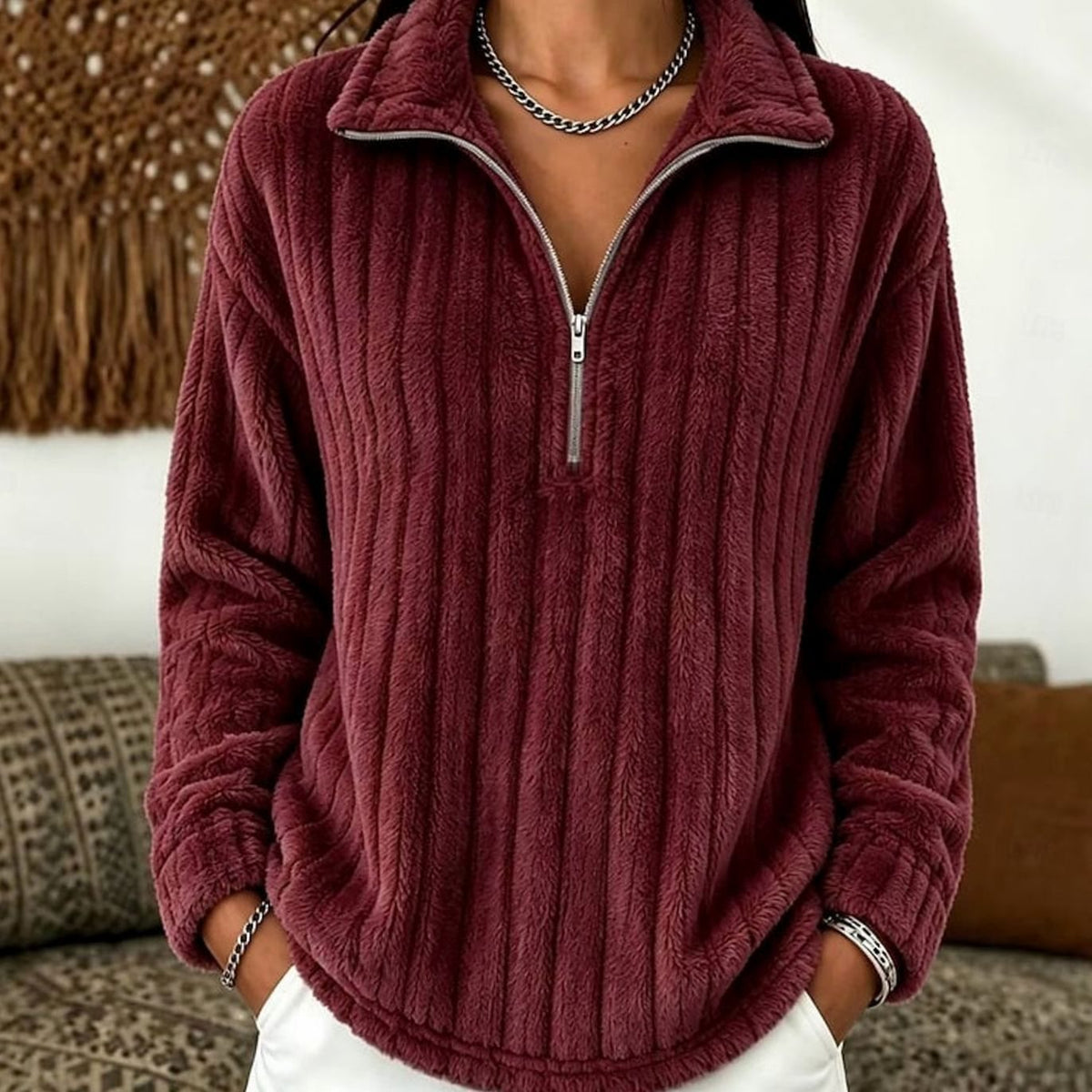 Pull Femme Col Zippé en Molleton Côtelé Extra Doux
