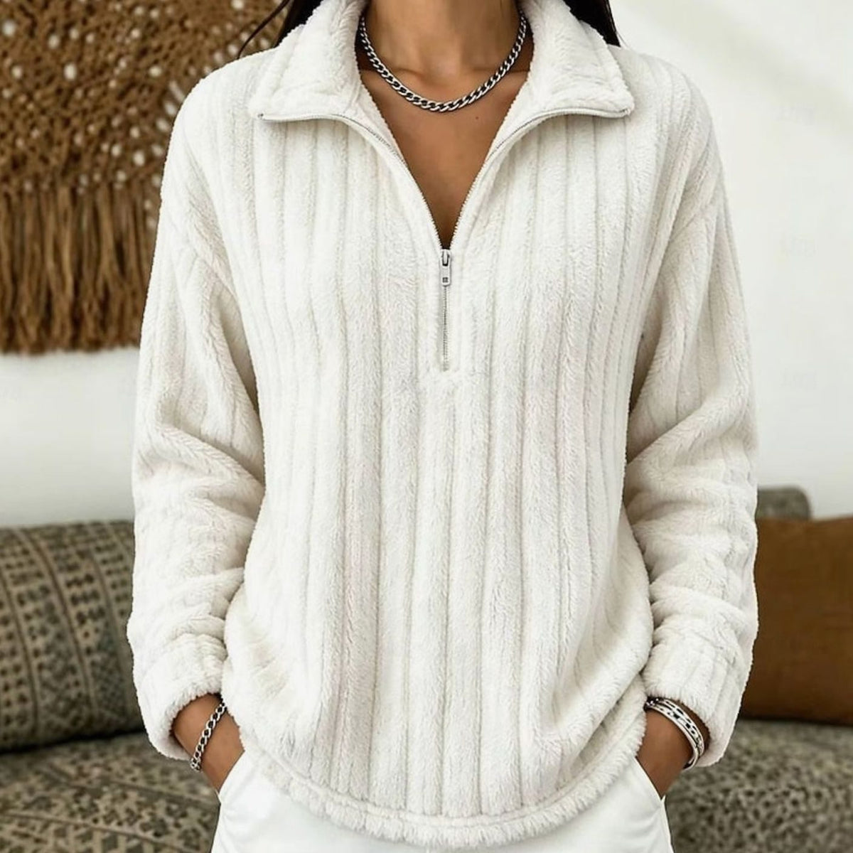 Pull Femme Col Zippé en Molleton Côtelé Extra Doux