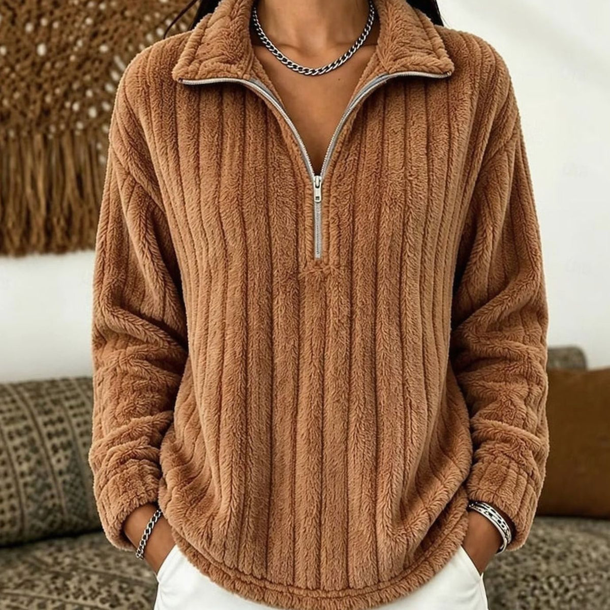 Pull Femme Col Zippé en Molleton Côtelé Extra Doux
