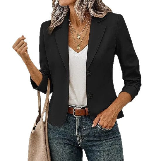 Blazer Femme Court Ajusté Boutons Décoratifs Manches 3/4