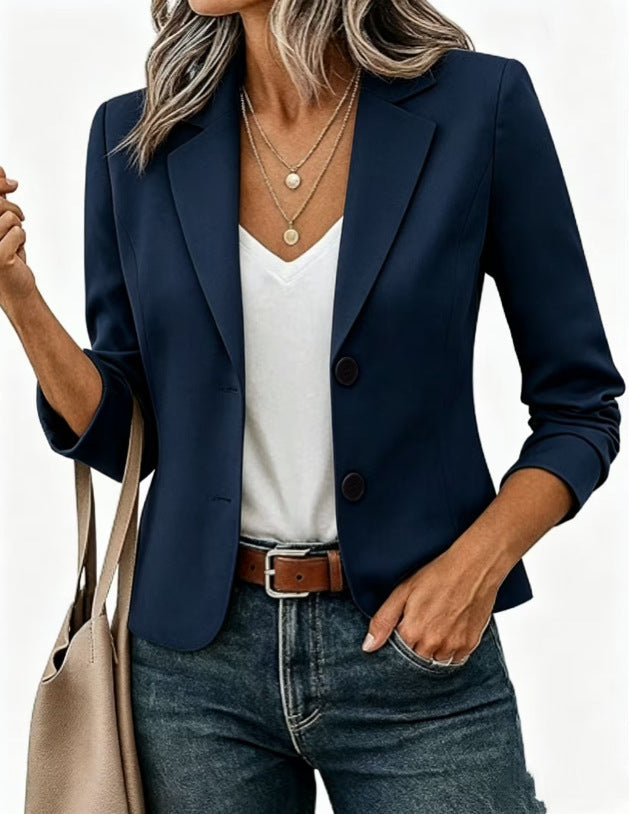 Blazer Femme Court Ajusté Boutons Décoratifs Manches 3/4