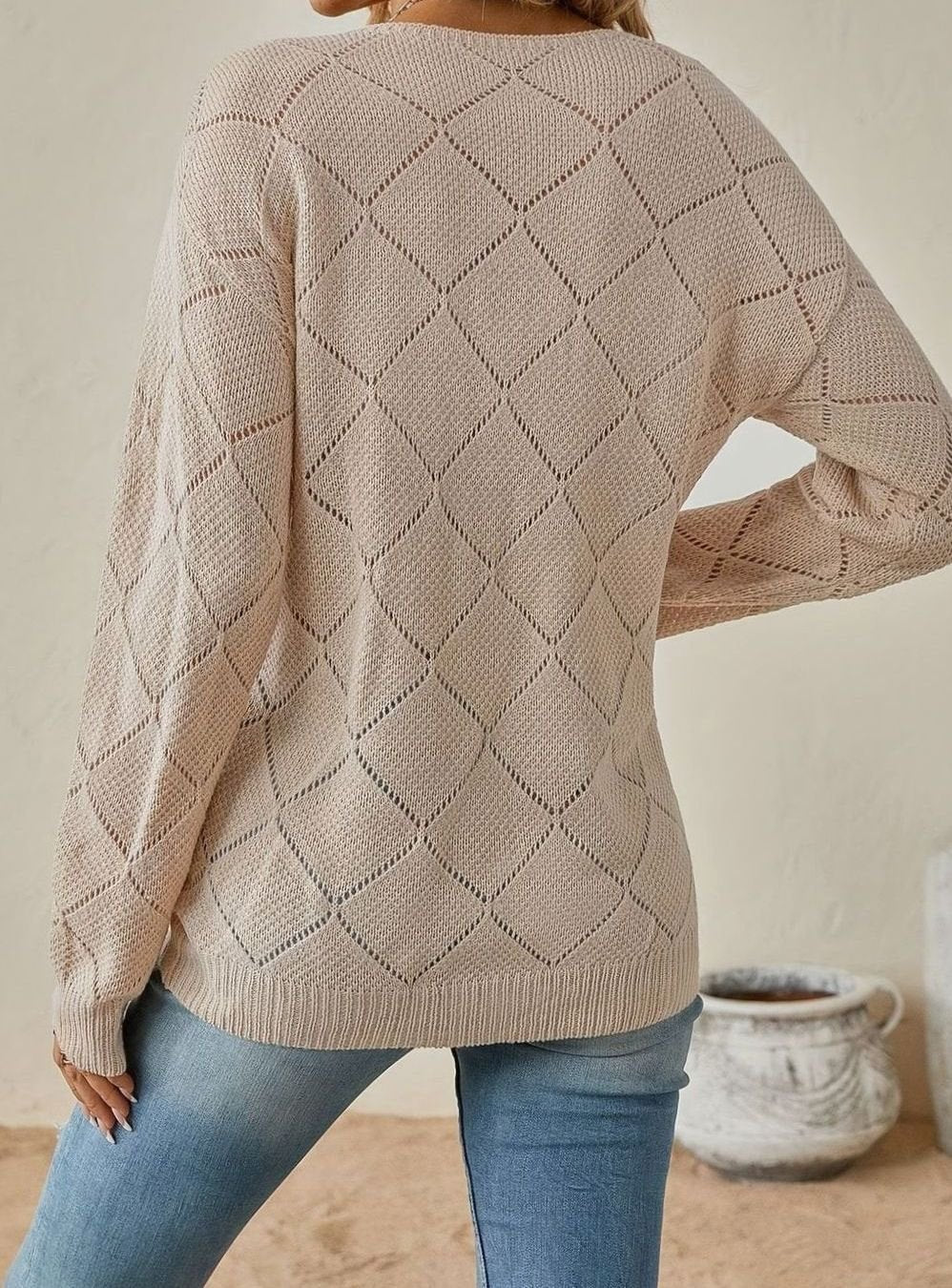Pull Femme Col V Maille Ajourée Losange Manches Longues