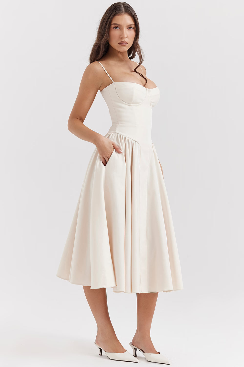 Cream sweetheart corset midi dress with thin straps and full skirt