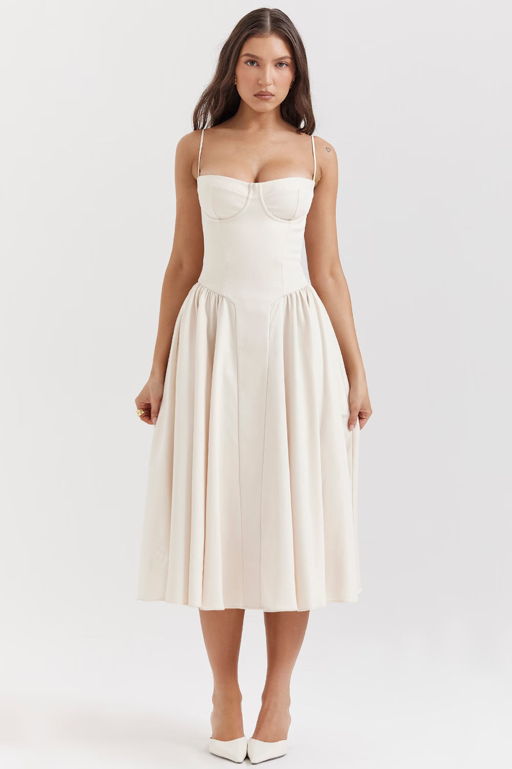 Cream corset midi dress front view with structured bustier top