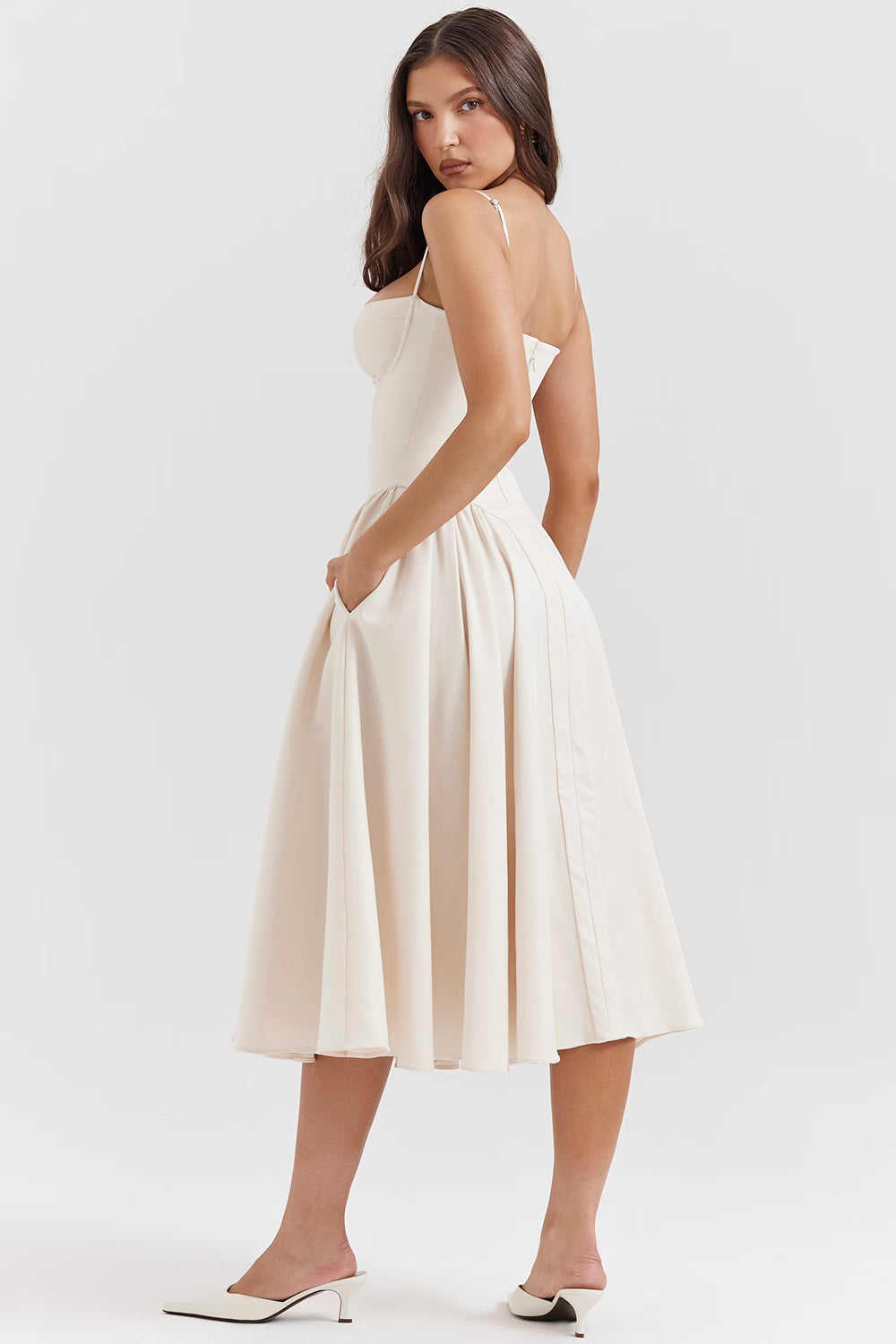 Cream sweetheart corset midi dress back view showing open back