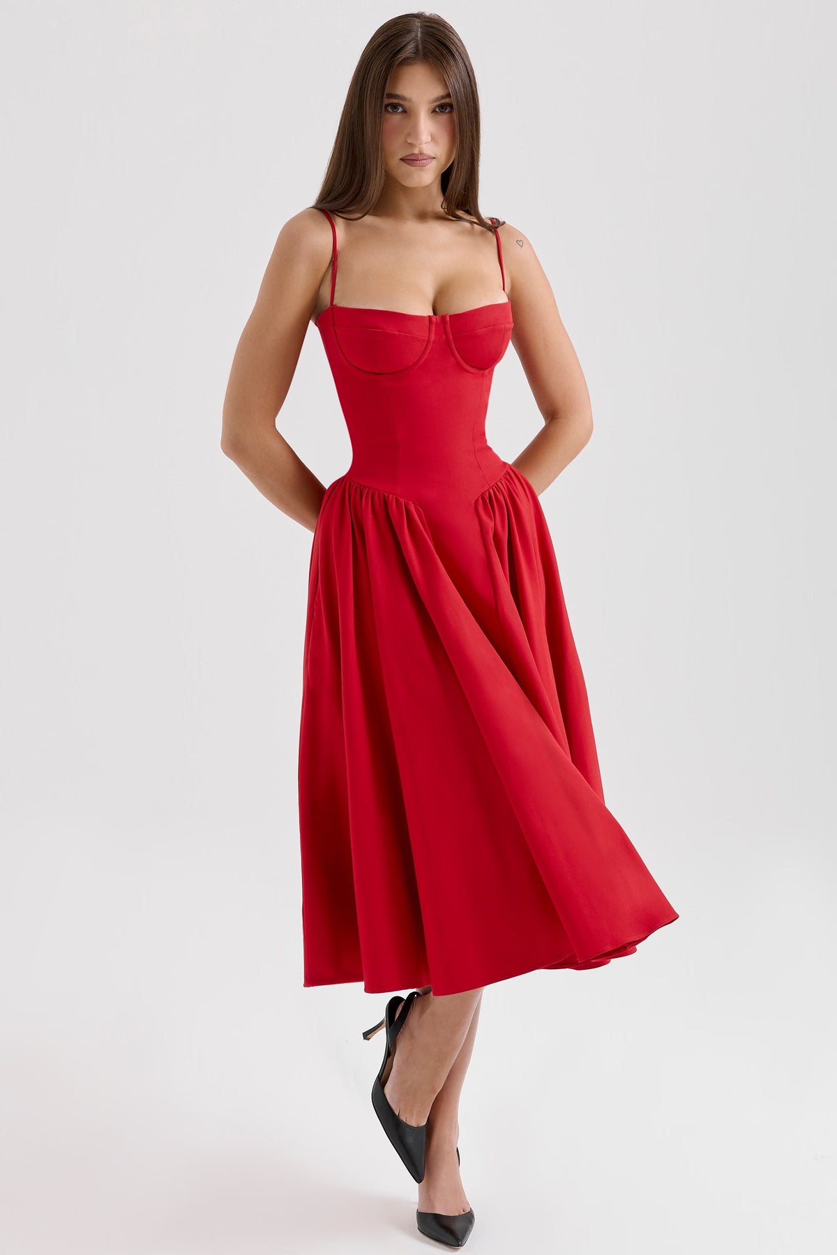 Red corset midi dress front view with fitted waist and full skirt