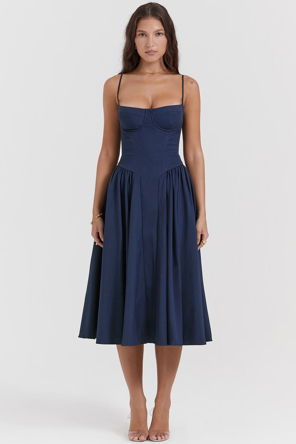 Navy blue sweetheart corset midi dress with full skirt front view