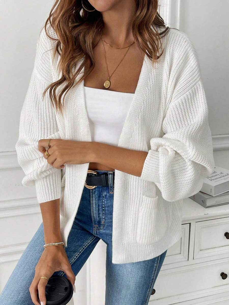 Gilet Femme Ouvert Texture Côtelée Poches Plaquées