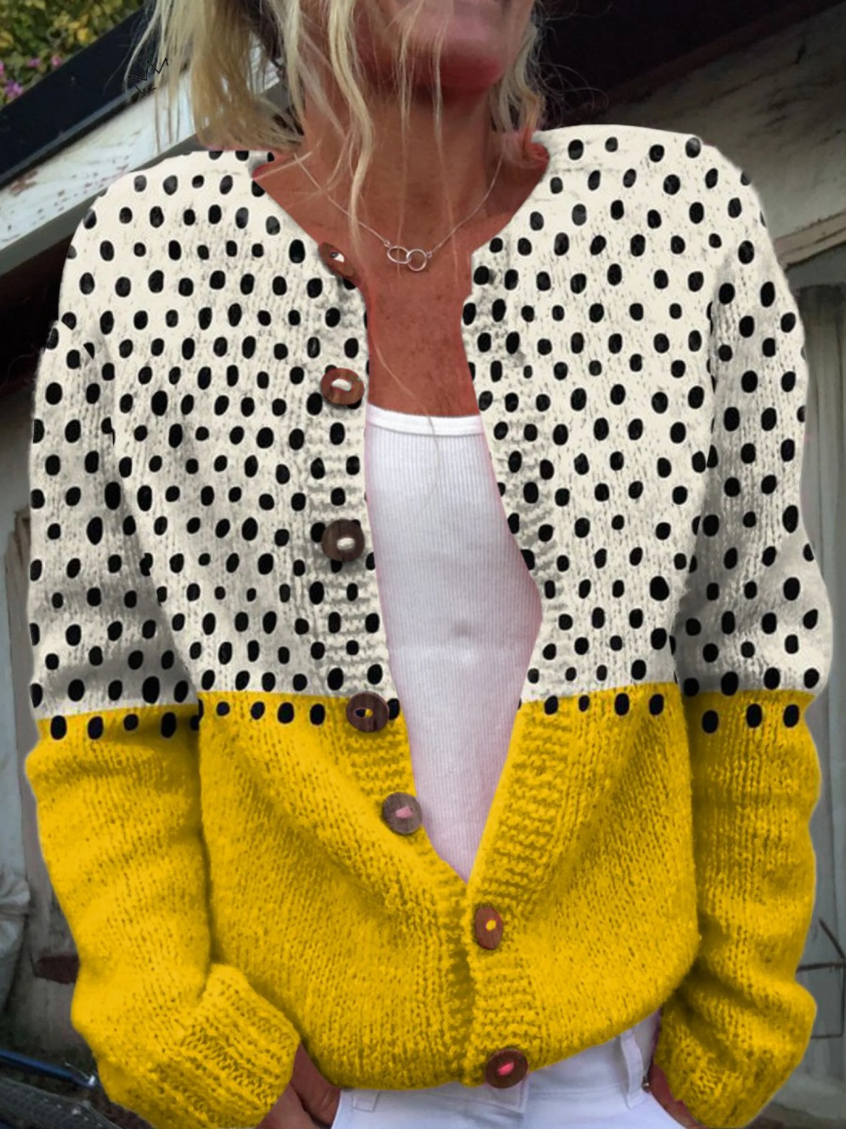 Gilet Femme à Pois Boutonné Devant Poignets Côtelés