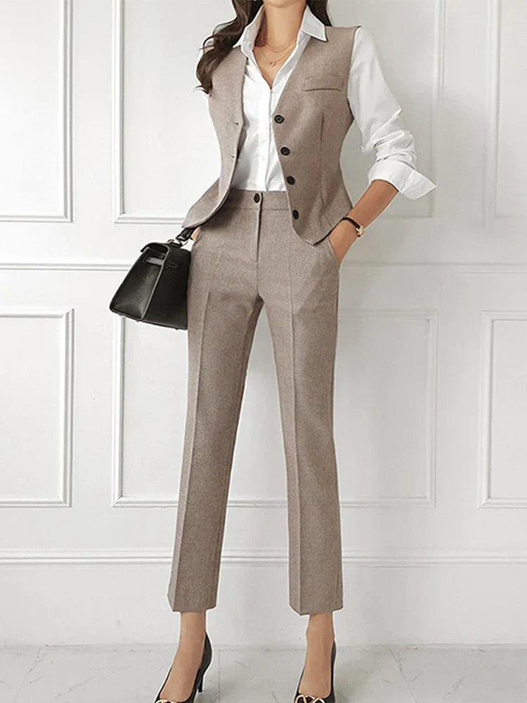 Tailleur Femme Trois Pièces Col Cranté - Blazer, Gilet et Pantalon