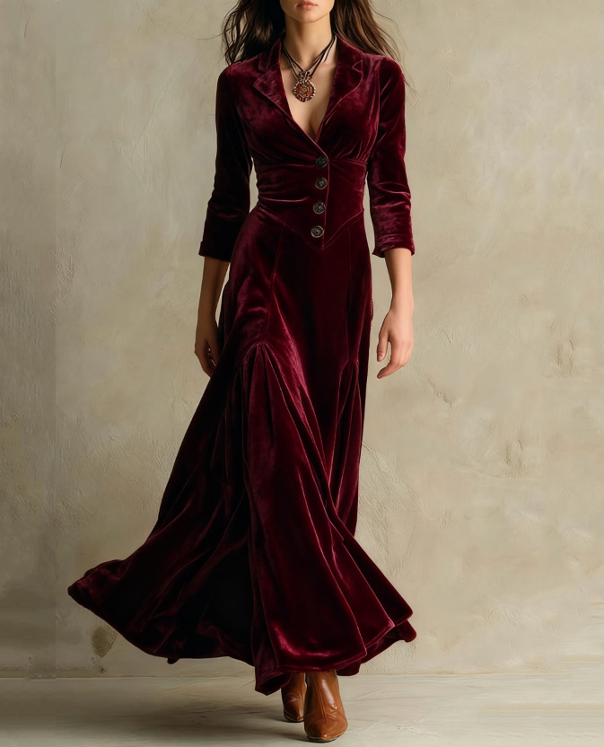 Women's Three-Quarter Sleeve Flared Velvet Dress