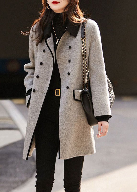Manteau Femme en Laine Croisé Double Boutonnage Col Contrasté