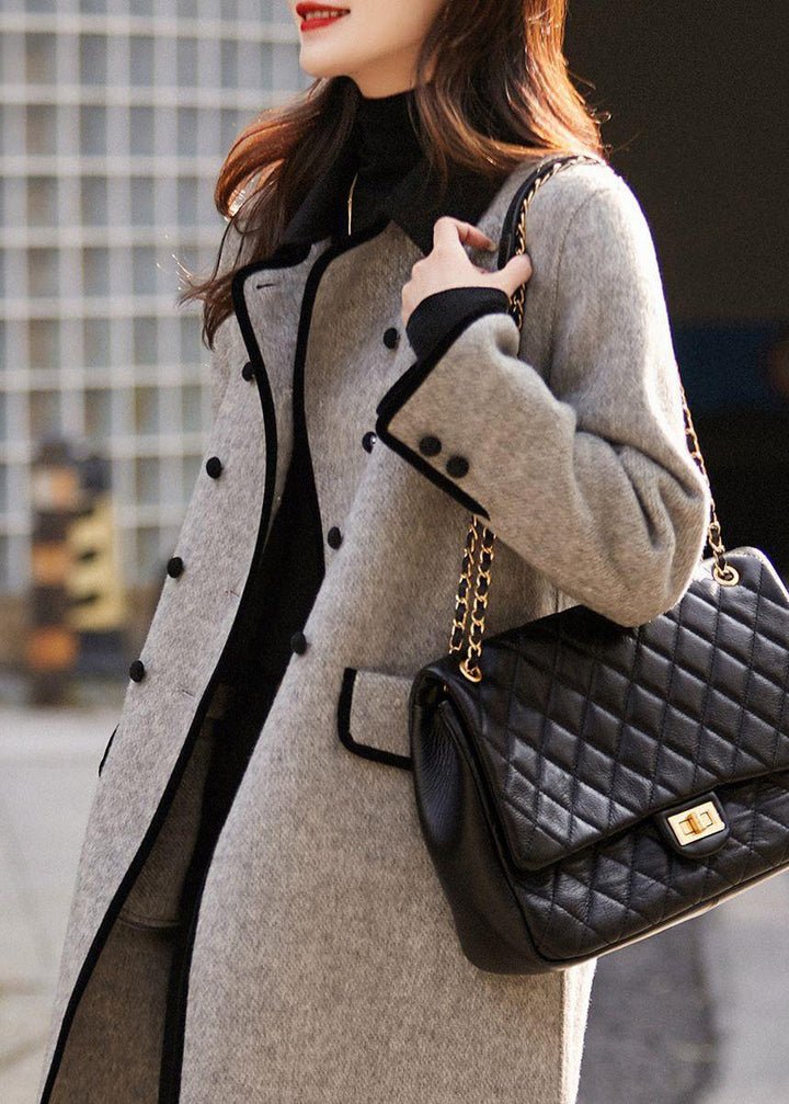 Manteau Femme en Laine Croisé Double Boutonnage Col Contrasté