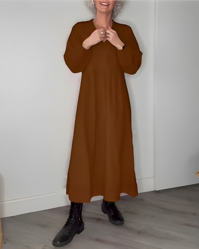 Robe Longue Femme Col V - Manches Longues en Coton