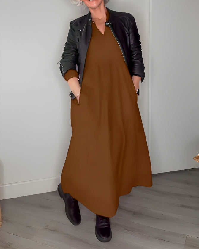 Robe Longue Femme Col V - Manches Longues en Coton