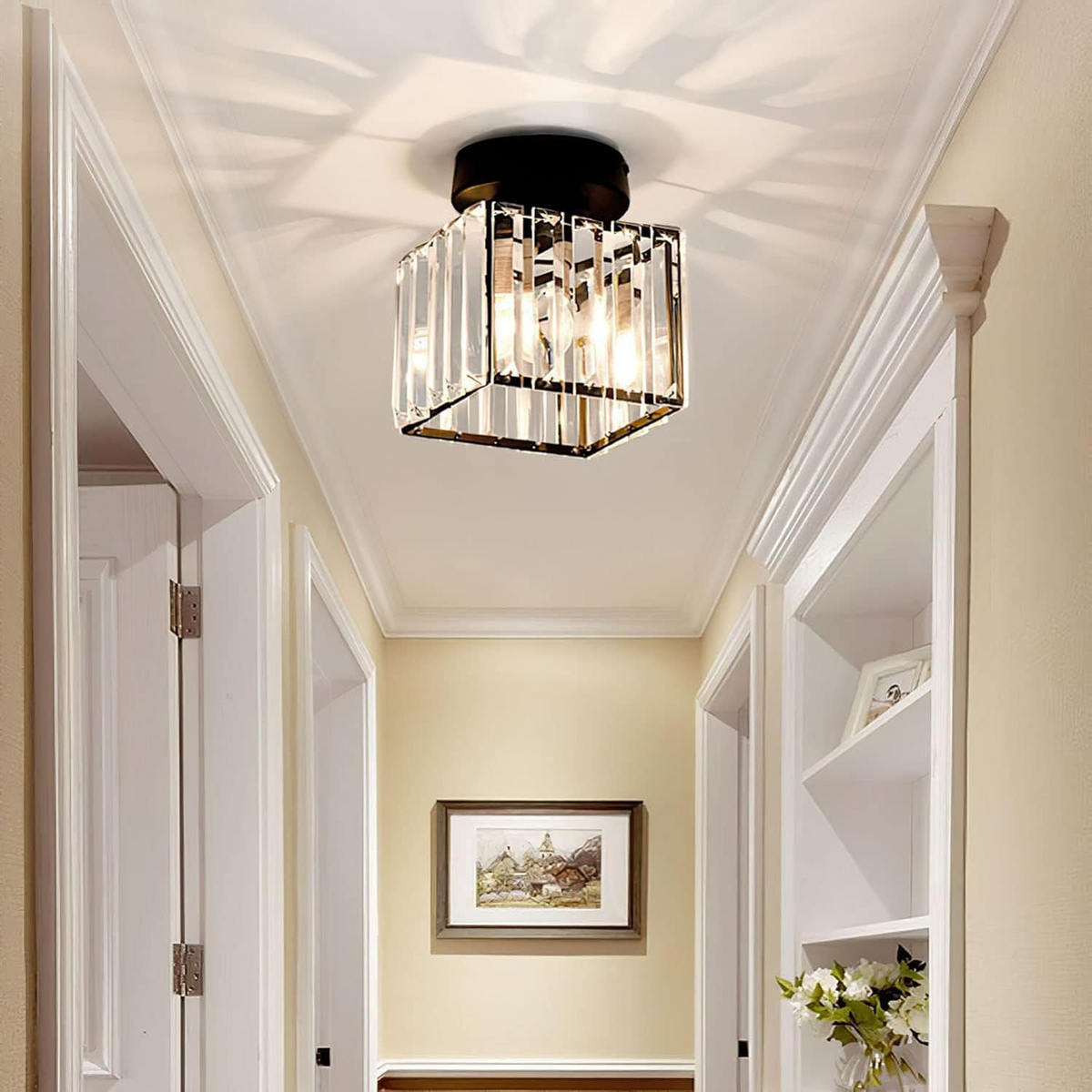 Plafonnier Design en Laiton et Cristal, Finition Noire