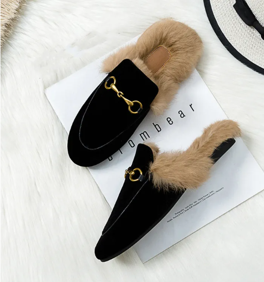 Women's Suede Mules with Fur Trim and Orthopedic Insoles