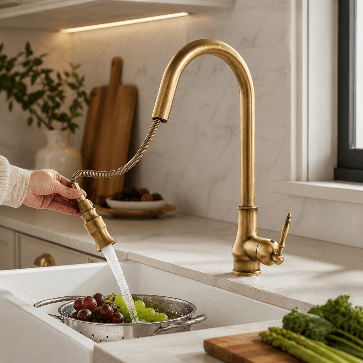 Robinet de Cuisine Extractible en Laiton Massif – Finition Bronze Antique