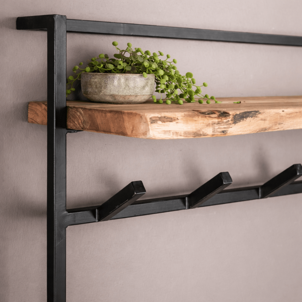 Industrial Coat Rack – Solid Acacia Wood with Black Metal Hooks for the Entryway or Living Room