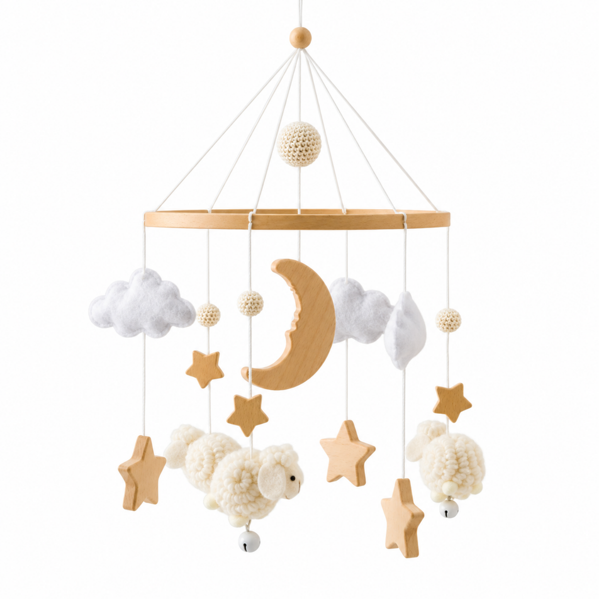 Cream wooden moon, stars and sheep felt toy topper for cot mobile