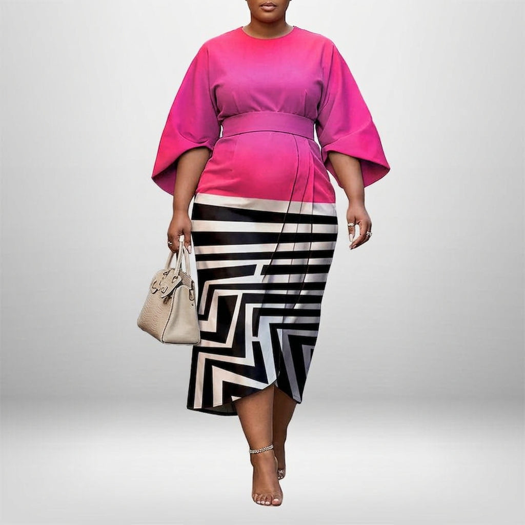 Robe Midi Femme Bicolore Taille Sculptée à Manches Larges