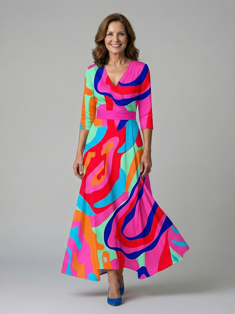 Robe Midi Cache-Cœur Fleurie Manches 3/4