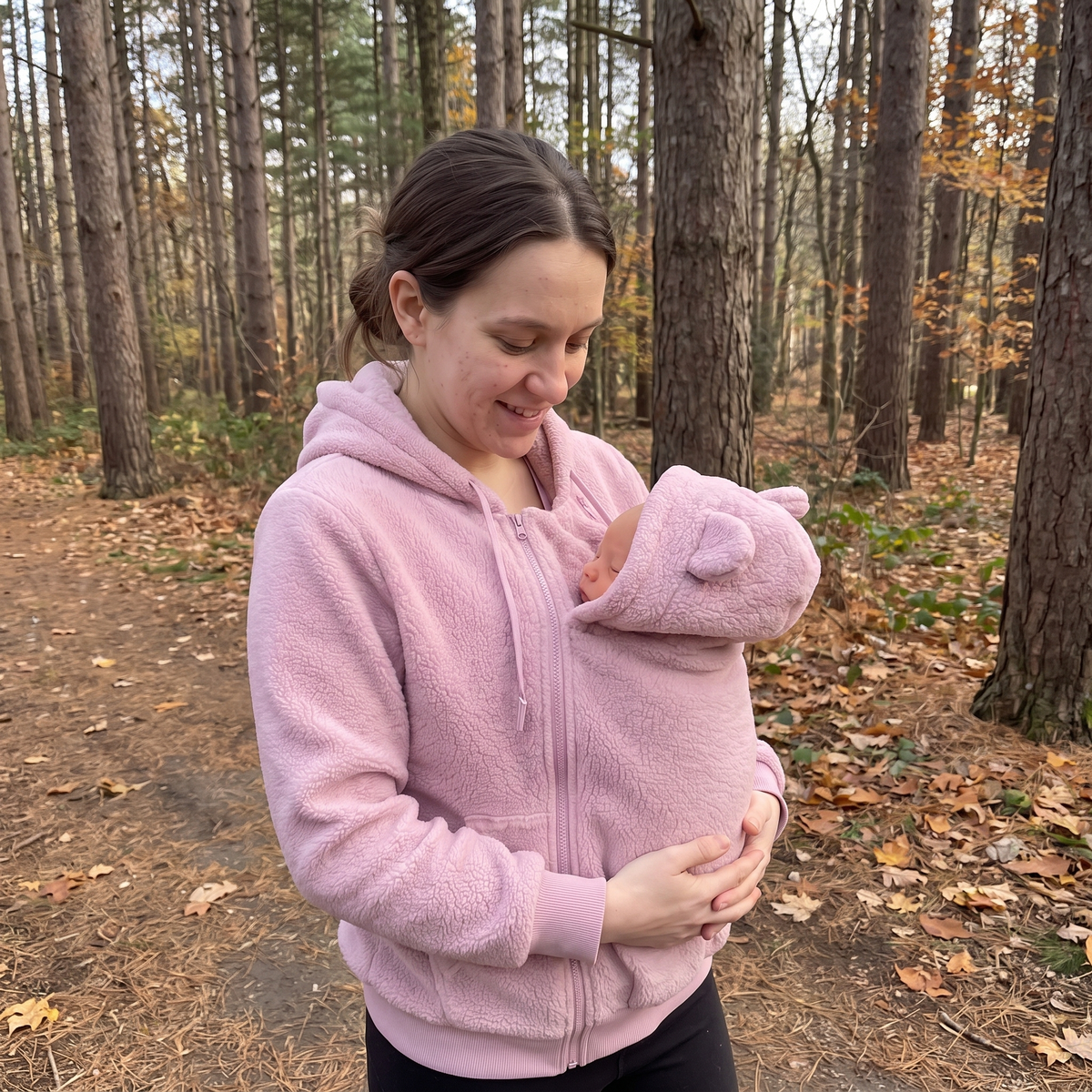Fleece baby carrier hoodie with the front panel detached for everyday wear