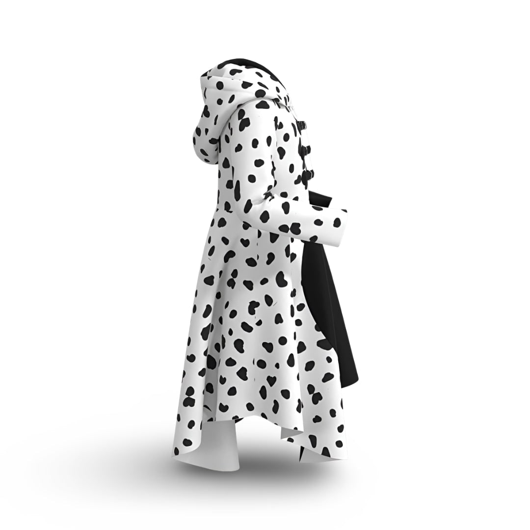 Kids' Halloween Cruella costume dress with dalmatian spots, close-up of dalmatian spots