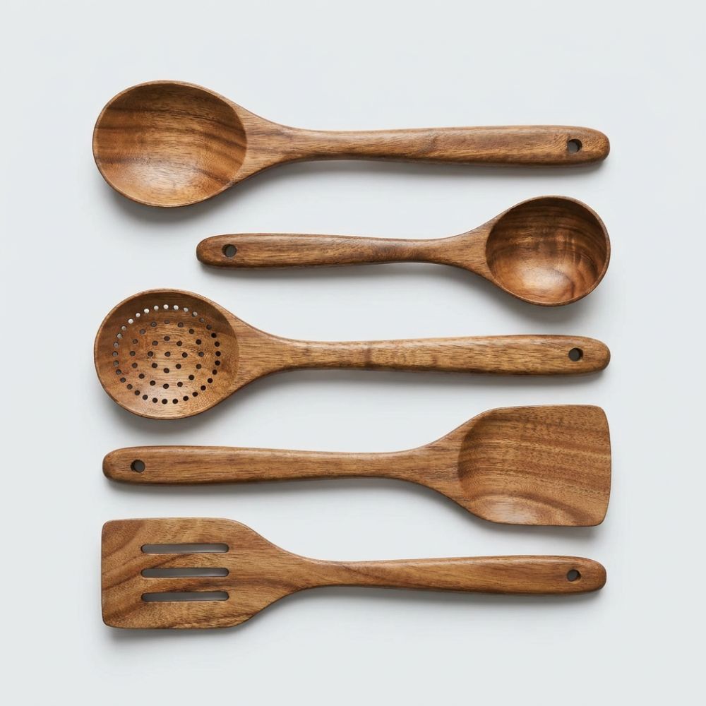 Set d'Ustensiles de Cuisine en Bois de Teck, 5 Pièces