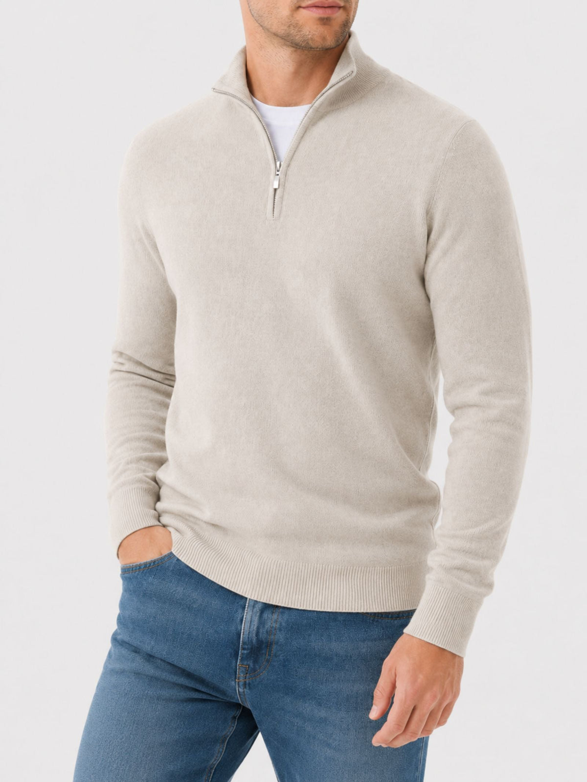 Pull Homme Col Montant Zippé à Finitions Côtelées