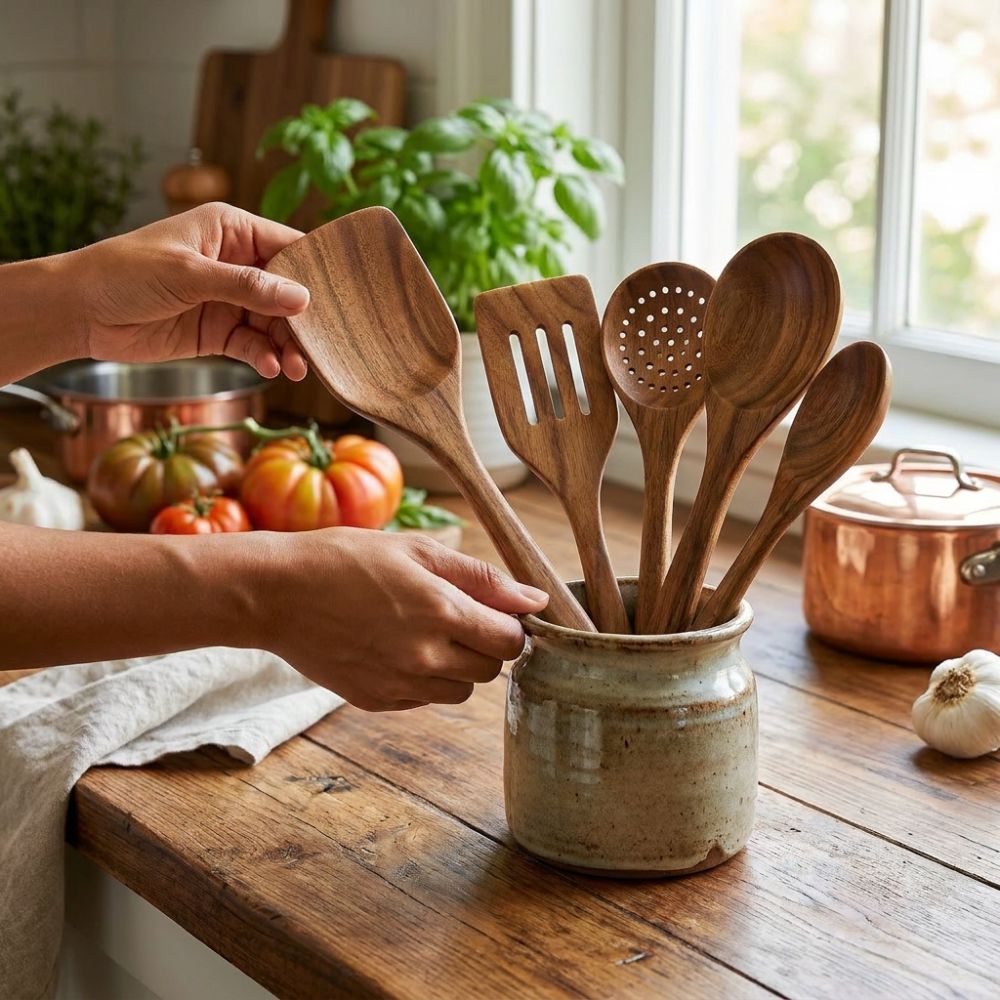 Set d'Ustensiles de Cuisine en Bois de Teck, 5 Pièces