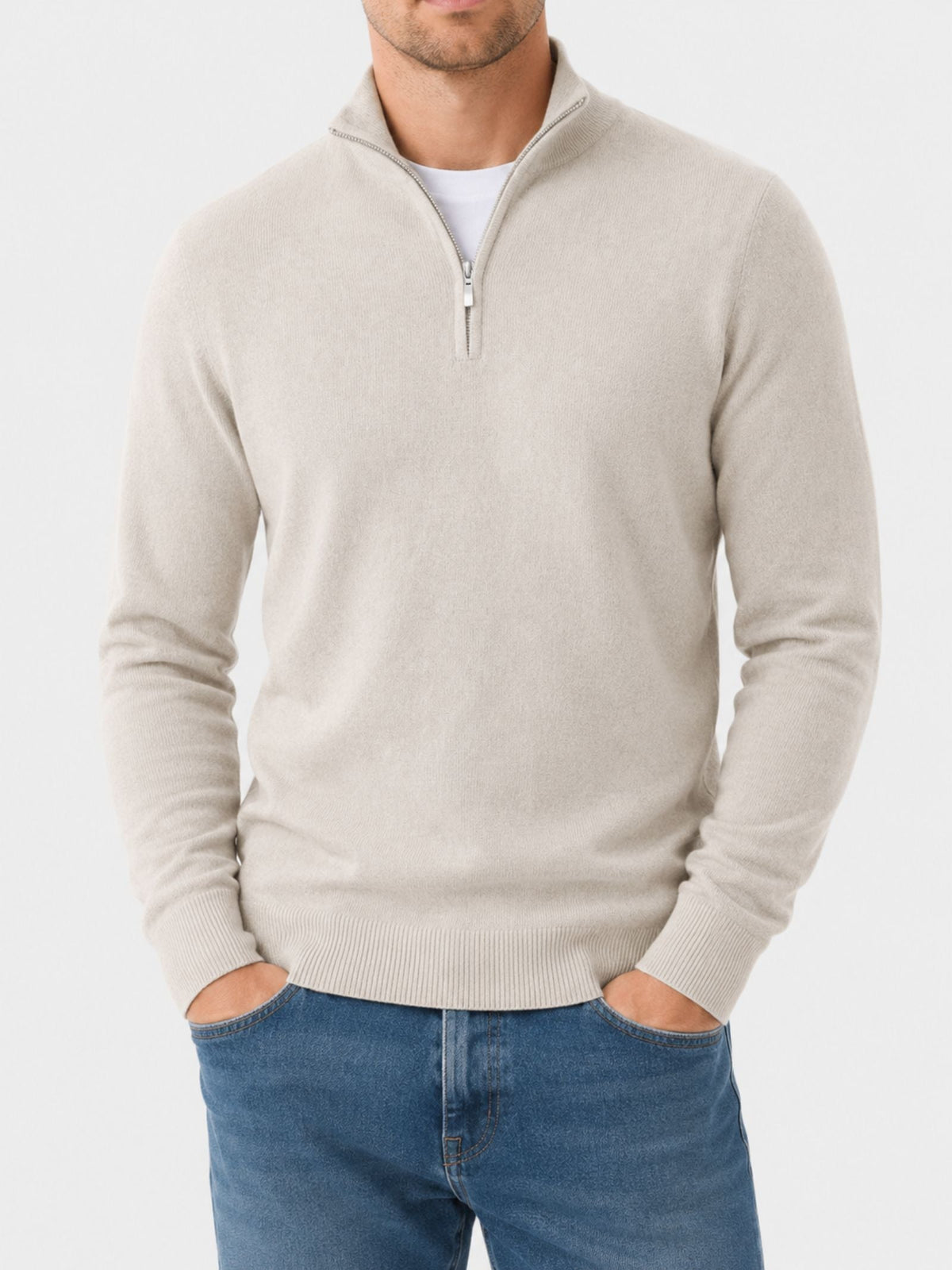 Pull Homme Col Montant Zippé à Finitions Côtelées