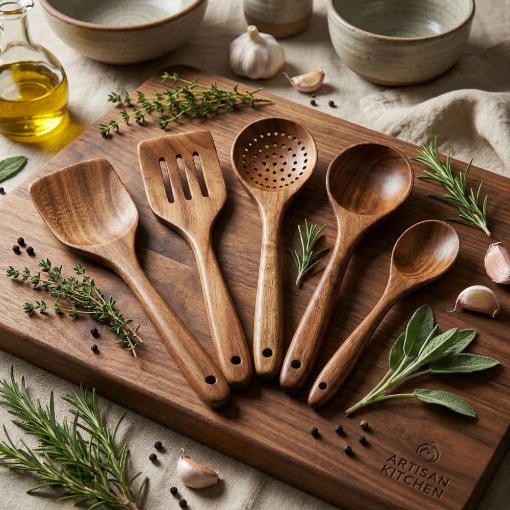Set d'Ustensiles de Cuisine en Bois de Teck, 5 Pièces