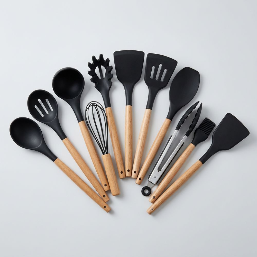 Set d'Ustensiles de Cuisine en Silicone et Bois