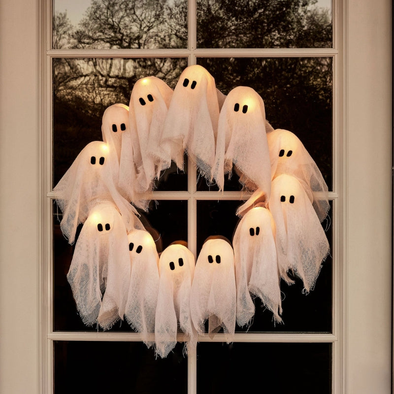 Couronne de Porte Halloween Fantômes Lumineux LED